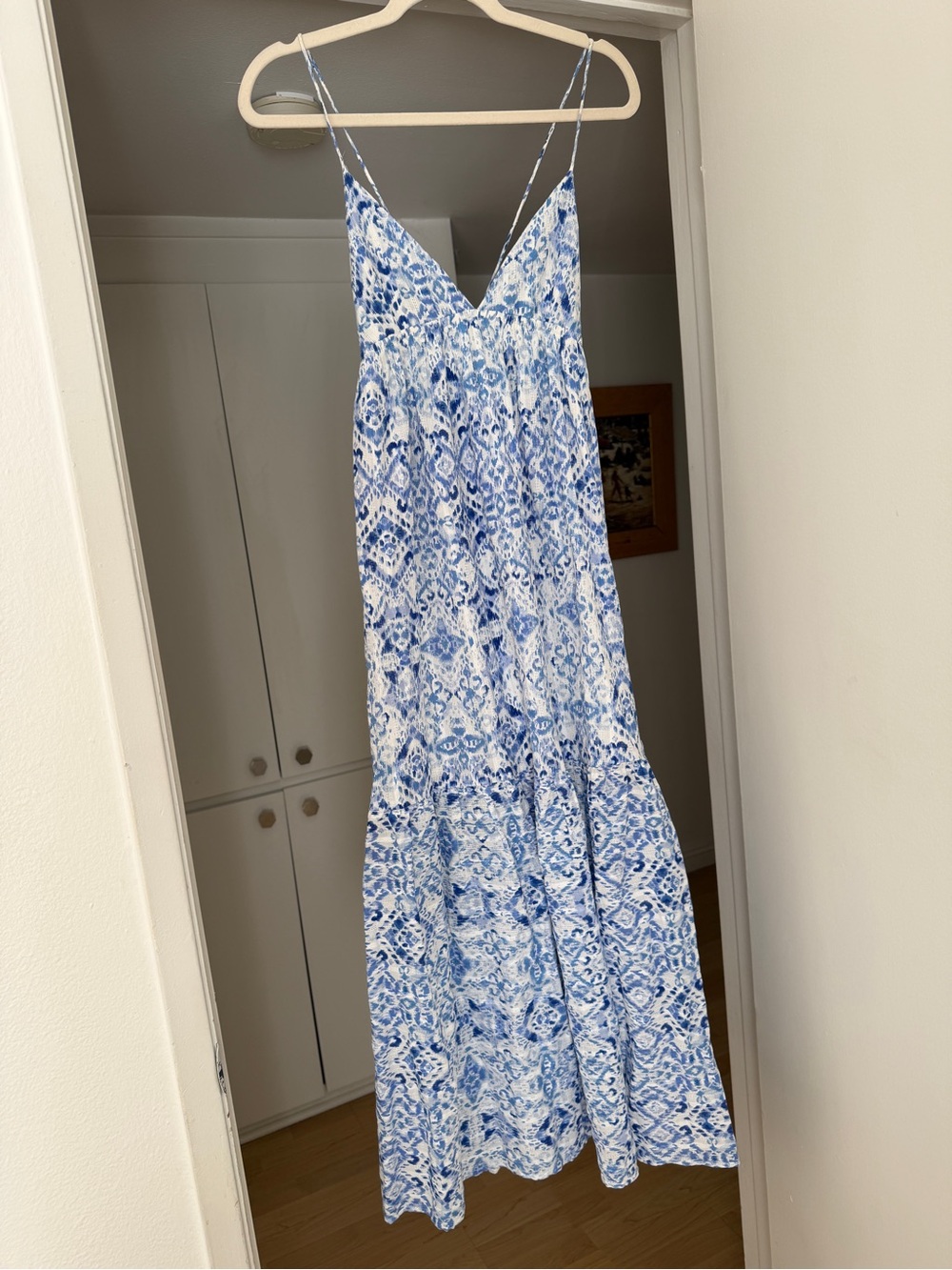 Olivaceous Blue and White Printed Maxi Dress with Spaghetti Straps